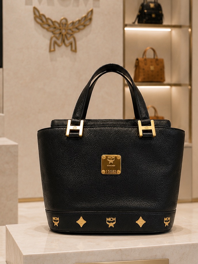 Mcm Mnchen Small Satchel Bag Black Grained Leather W/ Gold Hardware